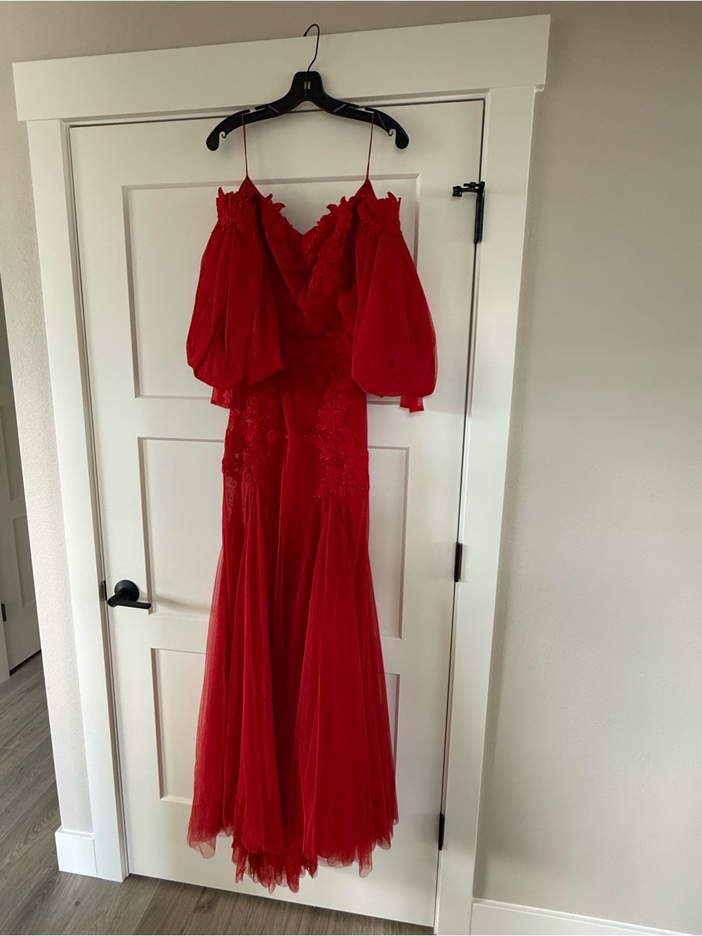 Red Off-Shoulder Maxi Dress with Lace Detail